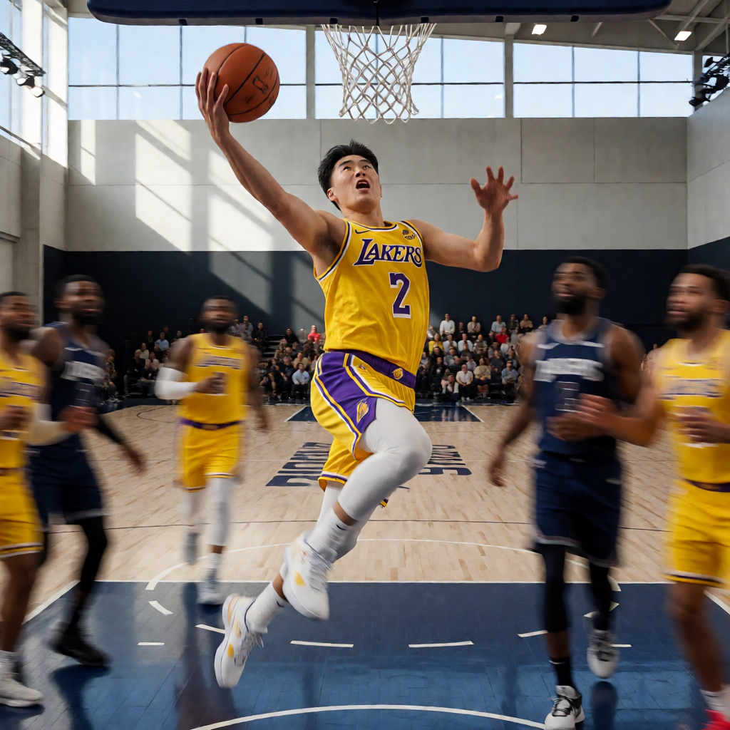 NBA比赛中湖人队球员突破上篮的精彩瞬间